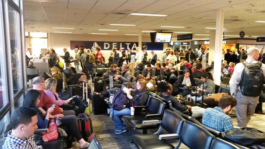 A chaotic airport terminal