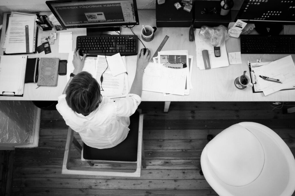 Overhead view of an office desk