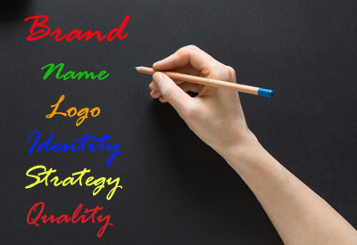 A person writing on the board, "Brand: Name, Logo, identity, strategy, quality