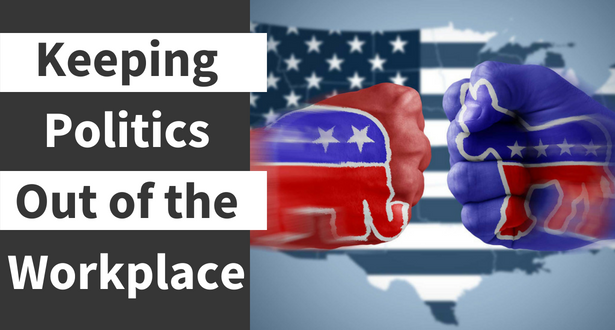 Graphic with an American Flag background and the two political party images